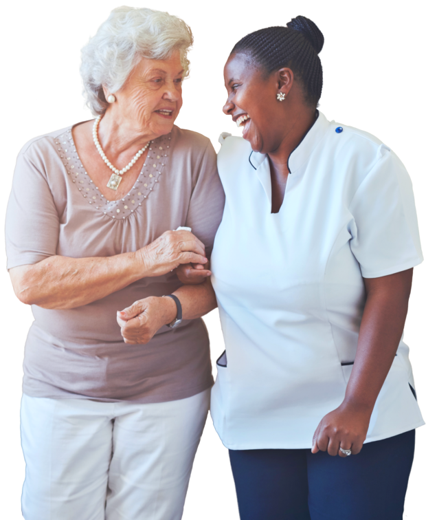 healthcare worker and senior woman smiling at each other